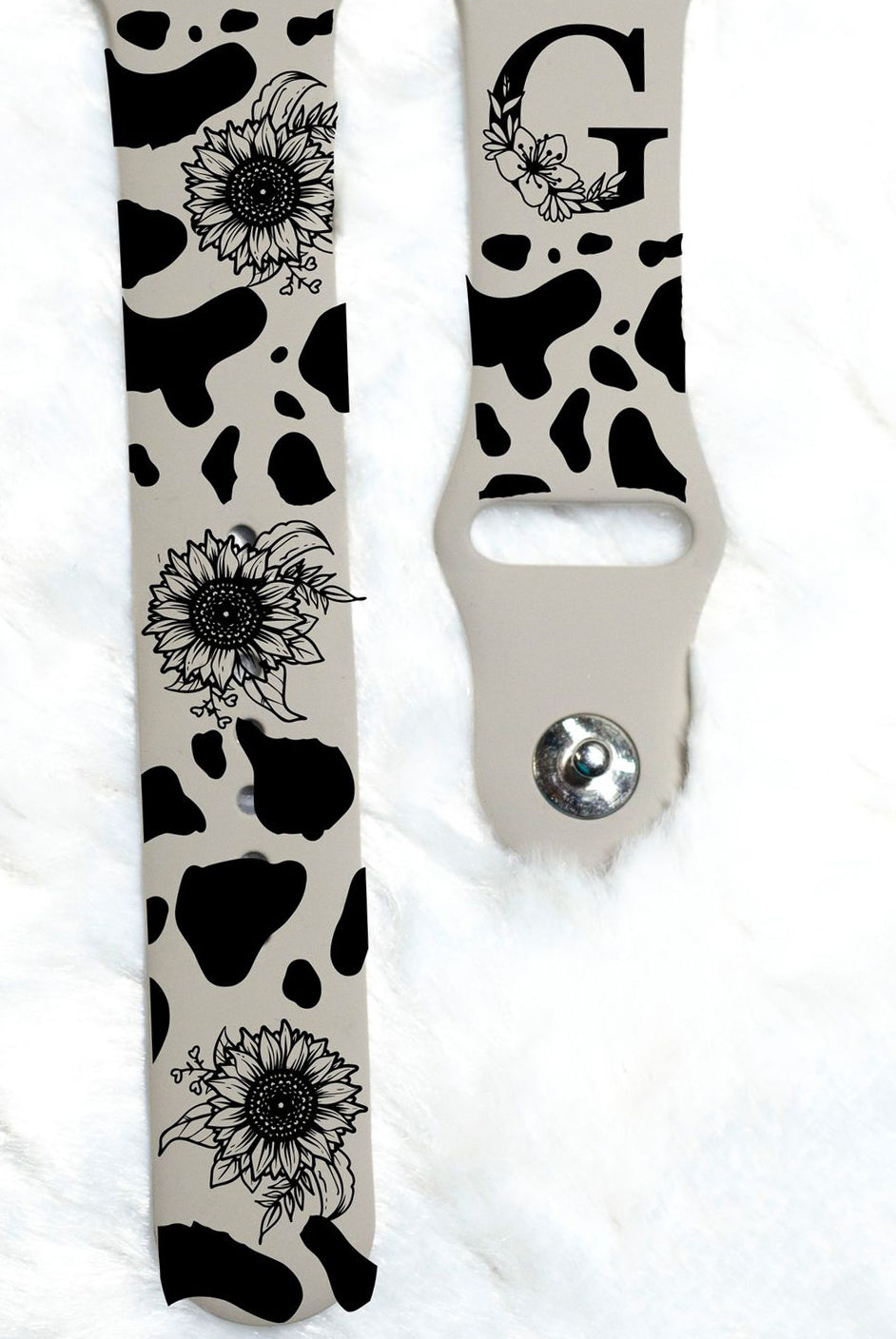 Cow print + Sunflower Silicone Smart Watch Band Natural Engrave